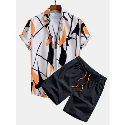 Orange Palm Print Short Sleeve Beach Shirt Suit