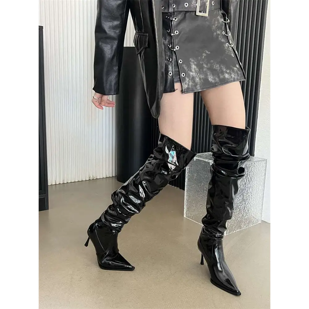 Patent Stiletto Heel Pile Style Thigh High Boots