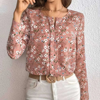 Haut plissé décontracté à manches longues et imprimé floral rose