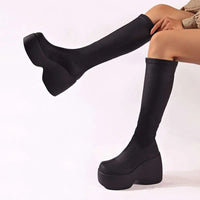 Platform Knee High Elastic Leather Boots
