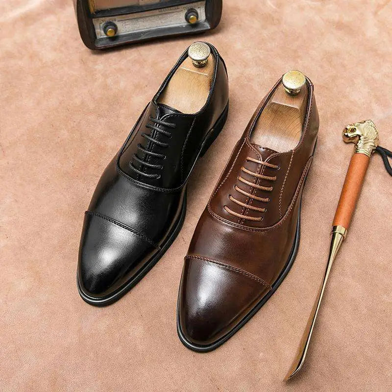 Plus Size Casual Leather Shoes Brown Cap Toe Oxford