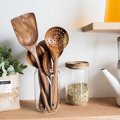 Modern Thailand Natural Teak Wood Utensils Set of 7