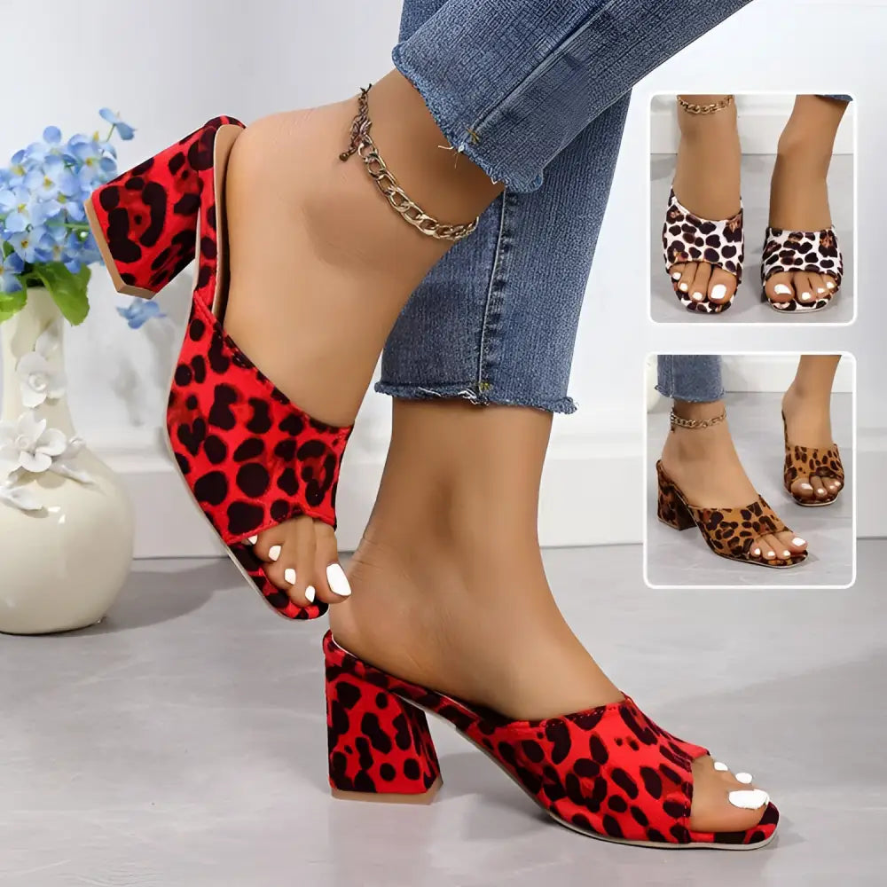 Sandalias Rojas de Leopardo con Punta Cuadrada y Tacón Ancho de Verano