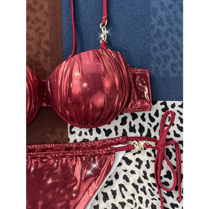 Red Ruched Steel Bracket Push Up Metallic Bikini