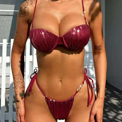 Red Ruched Steel Bracket Push Up Metallic Bikini