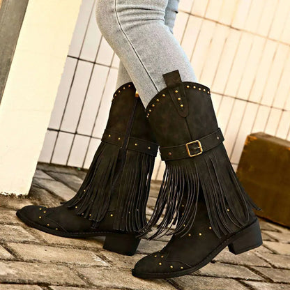 Retro Winter Fashion Fringed Suede Cowboy Boots