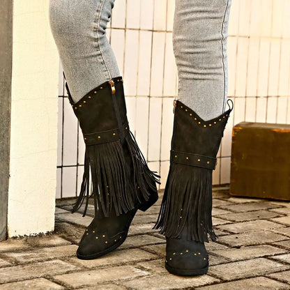 Retro Winter Fashion Fringed Suede Cowboy Boots