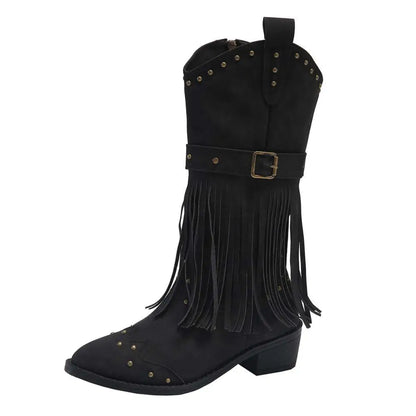 Retro Winter Fashion Fringed Suede Cowboy Boots