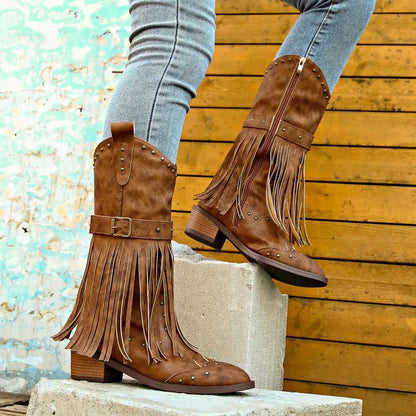 Retro Winter Fashion Fringed Suede Cowboy Boots