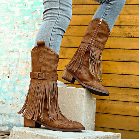 Retro Winter Fashion Fringed Suede Cowboy Boots