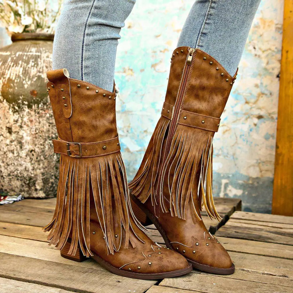 Retro Winter Fashion Fringed Suede Cowboy Boots