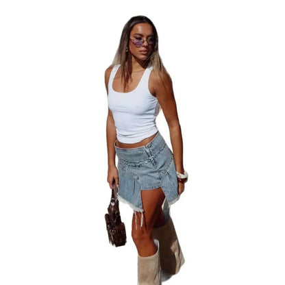 Rivet Irregular Pleated Denim Skirt