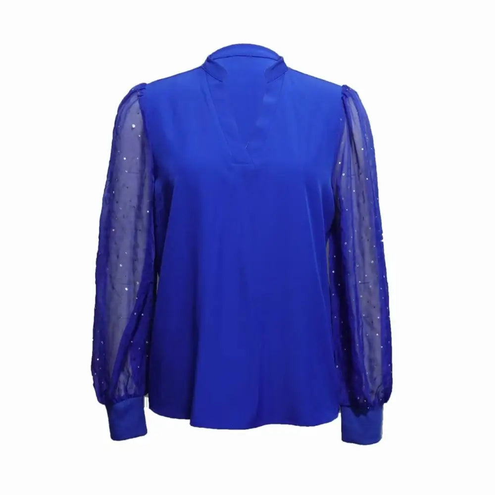 Top azul real brillante con malla de diamante y empalmes