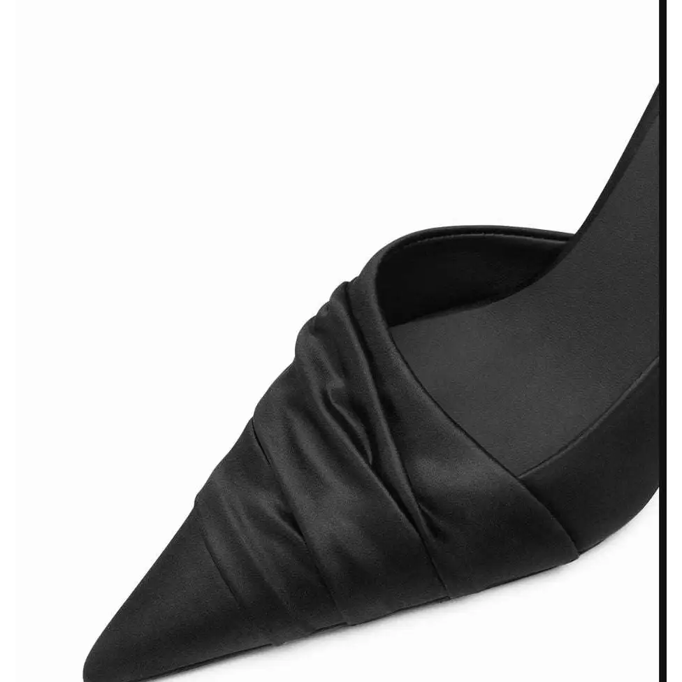 Ruched Black Cloth Satin Pointed High Heels