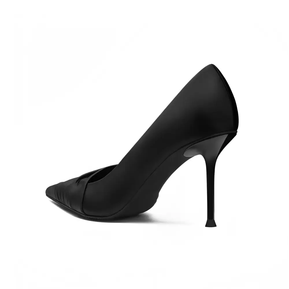 Ruched Black Cloth Satin Pointed High Heels