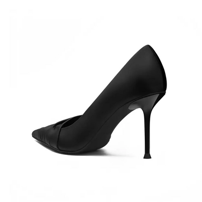 Ruched Black Cloth Satin Pointed High Heels