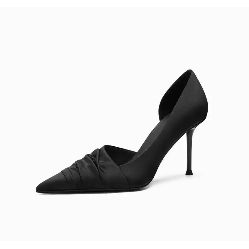 Ruched Black Cloth Satin Pointed High Heels