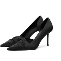 Ruched Black Cloth Satin Pointed High Heels