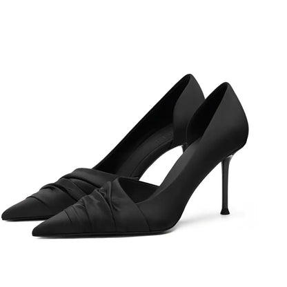 Ruched Black Cloth Satin Pointed High Heels