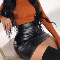 Ruched Black High Waist Tight PU Leather Mini Skirt