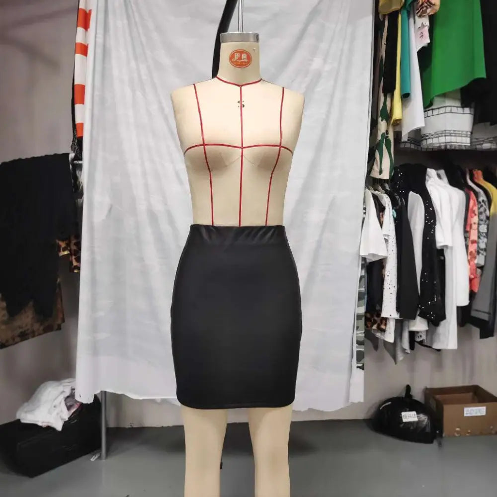 Ruched Black High Waist Tight PU Leather Mini Skirt