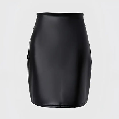 Ruched Black High Waist Tight PU Leather Mini Skirt