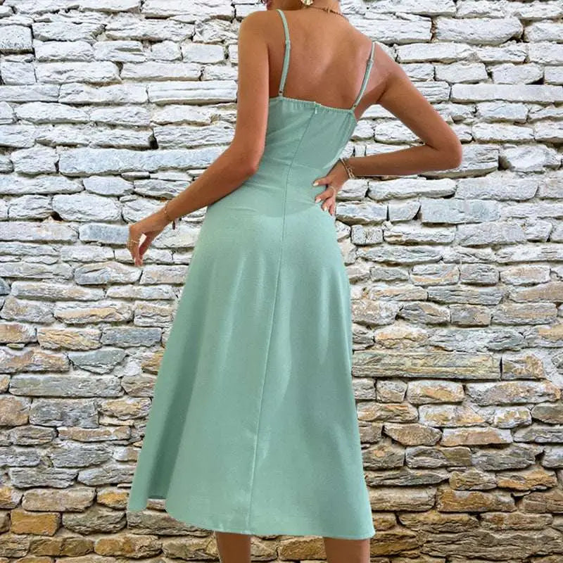 Sage Green Satin Slit Sling Dress Summer Fashion