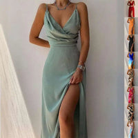 Sage Green Satin Slit Sling Dress Summer Fashion