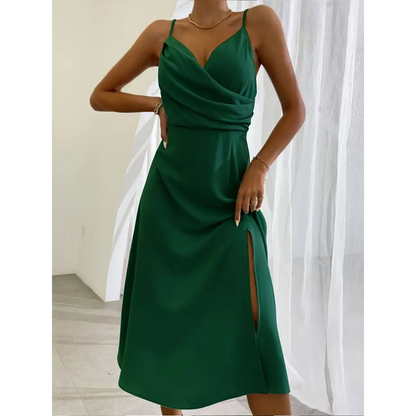 Sage Green Satin Slit Sling Dress Summer Fashion