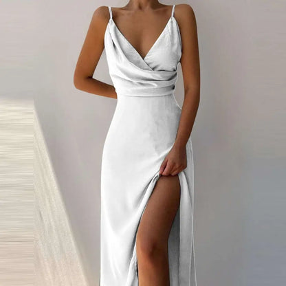 Sage Green Satin Slit Sling Dress Summer Fashion