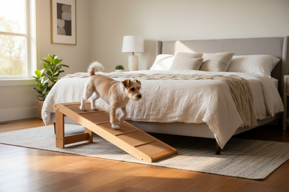 Senior dog on ramp to bed