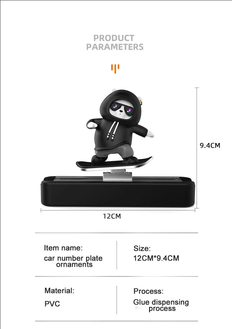 Ornement de voiture pour tableau de bord Ours Skateboard | Plaque d'immatriculation magnétique et décoration de voiture dessin animé