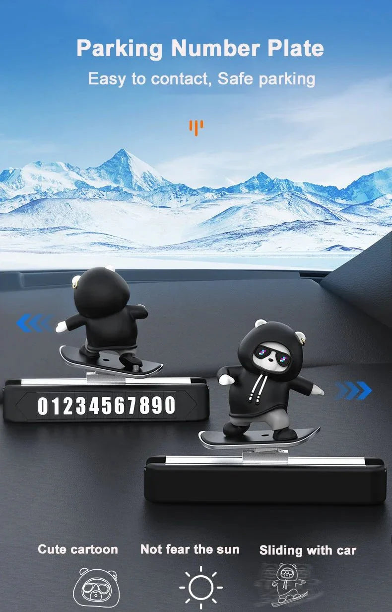 Ornement de voiture pour tableau de bord Ours Skateboard | Plaque d'immatriculation magnétique et décoration de voiture dessin animé