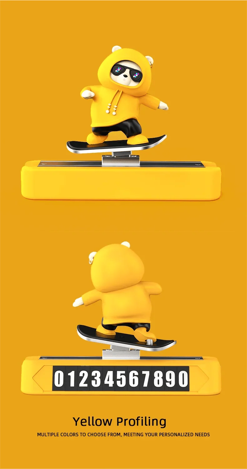 Ornement de voiture pour tableau de bord Ours Skateboard | Plaque d'immatriculation magnétique et décoration de voiture dessin animé