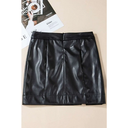 Solid Color High Waist Faux Leather Slit Skirt