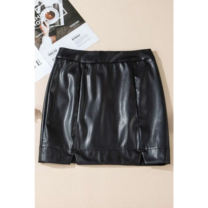 Solid Color High Waist Faux Leather Slit Skirt