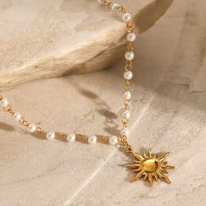 Stainless Steel Pearl Necklace with Gold Sun Pendant