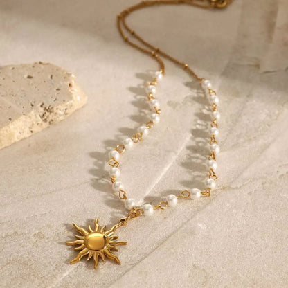 Stainless Steel Pearl Necklace with Gold Sun Pendant