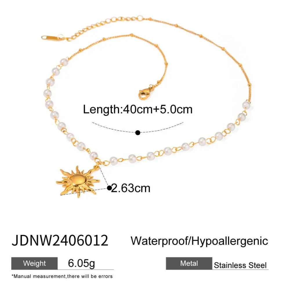Stainless Steel Pearl Necklace with Gold Sun Pendant