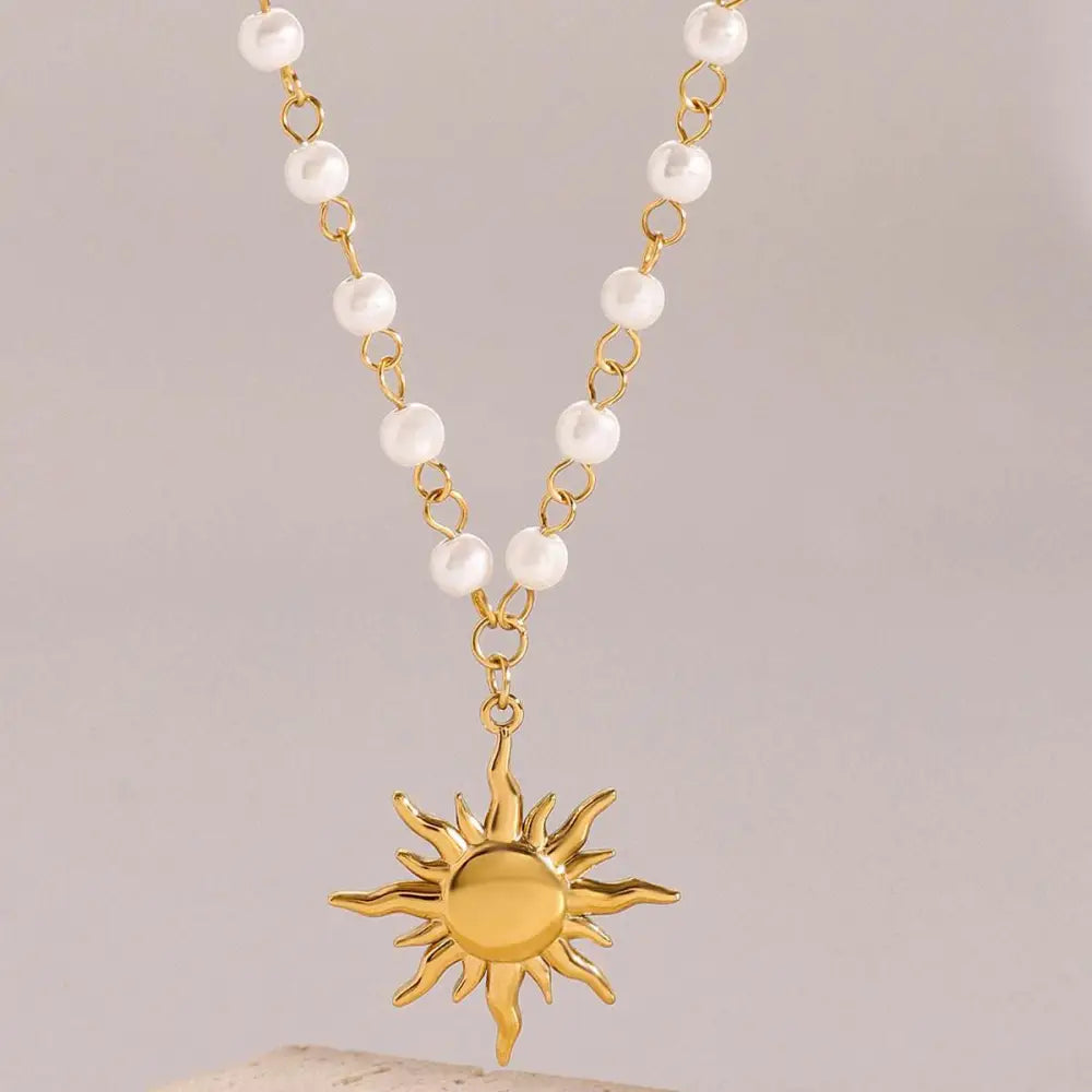 Stainless Steel Pearl Necklace with Gold Sun Pendant