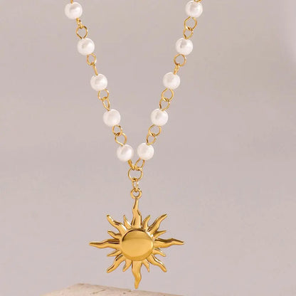 Stainless Steel Pearl Necklace with Gold Sun Pendant