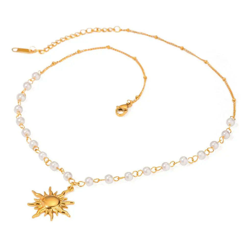 Stainless Steel Pearl Necklace with Gold Sun Pendant