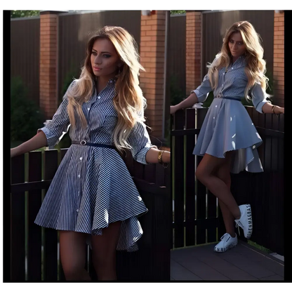 Striped Pink Female Long Sleeved Dress Cocktail Casual