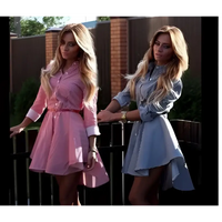 Striped Pink Female Long Sleeved Dress Cocktail Casual