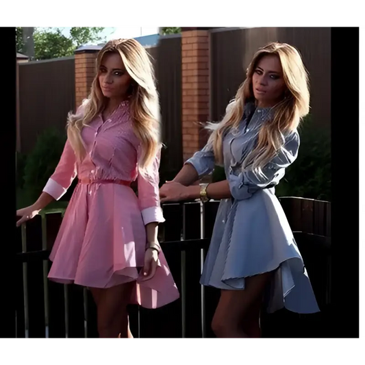 Striped Pink Female Long Sleeved Dress Cocktail Casual
