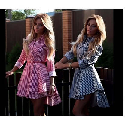 Striped Pink Female Long Sleeved Dress Cocktail Casual