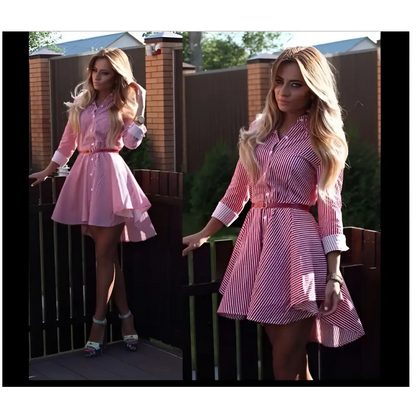 Striped Pink Female Long Sleeved Dress Cocktail Casual