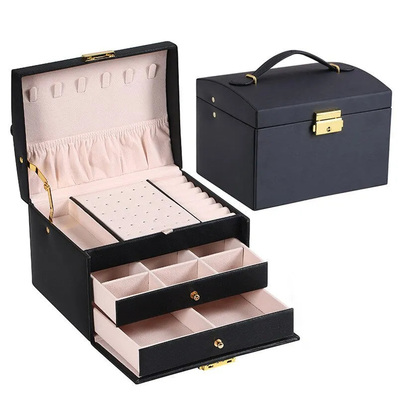 3 Layer Leather Jewelry Box Organizer with Drawers Velvet Lined 17.5cm