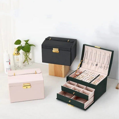 3 Layer Leather Jewelry Box Organizer with Drawers Velvet Lined 17.5cm