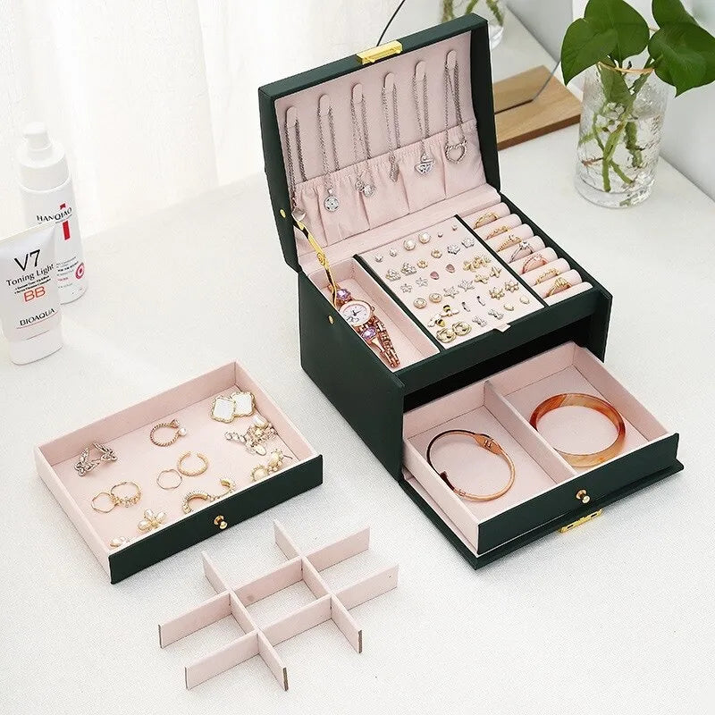 3 Layer Leather Jewelry Box Organizer with Drawers Velvet Lined 17.5cm